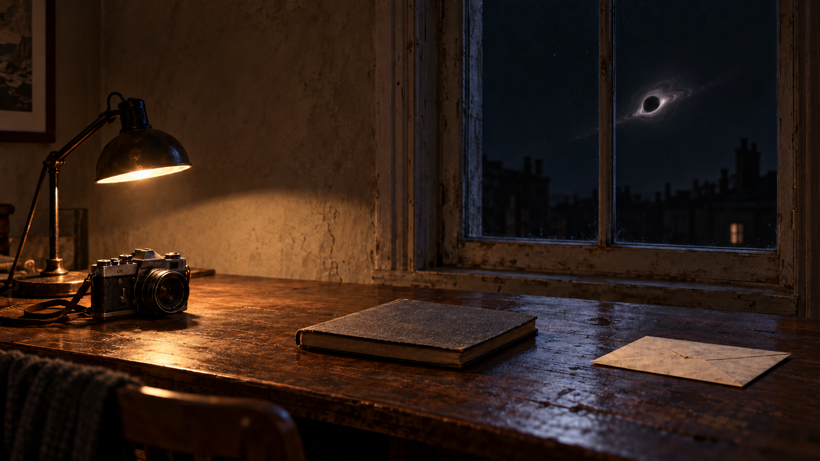 A quiet, weathered study: a lamp, an old camera, a book and an envelope on a wooden desk. Beyond the window, a black hole hangs above the city.